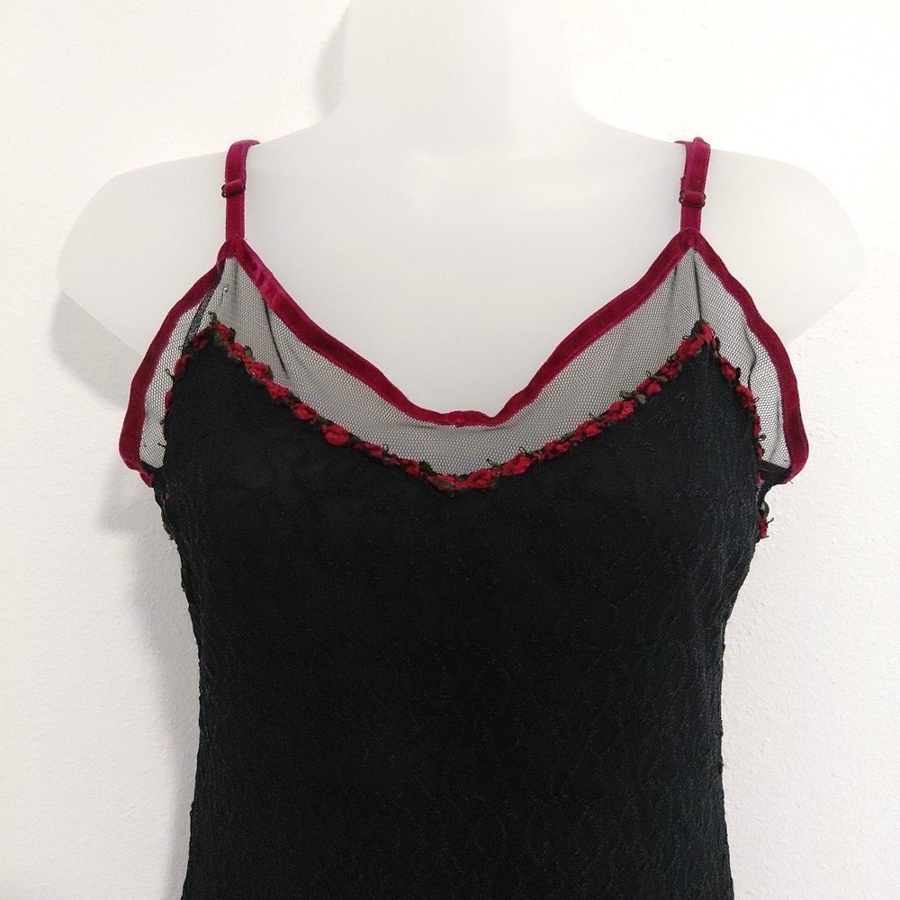 VTG Betsey Johnson Slip Dress Black Lace Rose Ditsy Neckline Velvet Trim Large - Picture 3 of 16